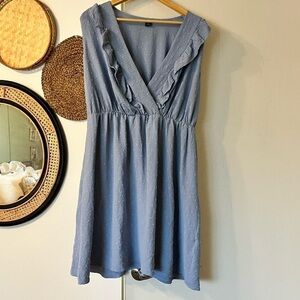 Shein Curve Plus Sz 1XL Blue Gray Swiss Dot Sleeveless Ruffle Dress